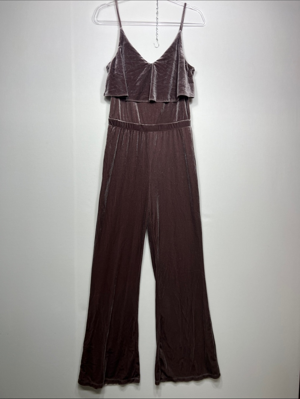 JACK by BB DAKOTA Velvet Ruffle Wide Leg Jumpsuit in Brown Size Medium Like N‌
